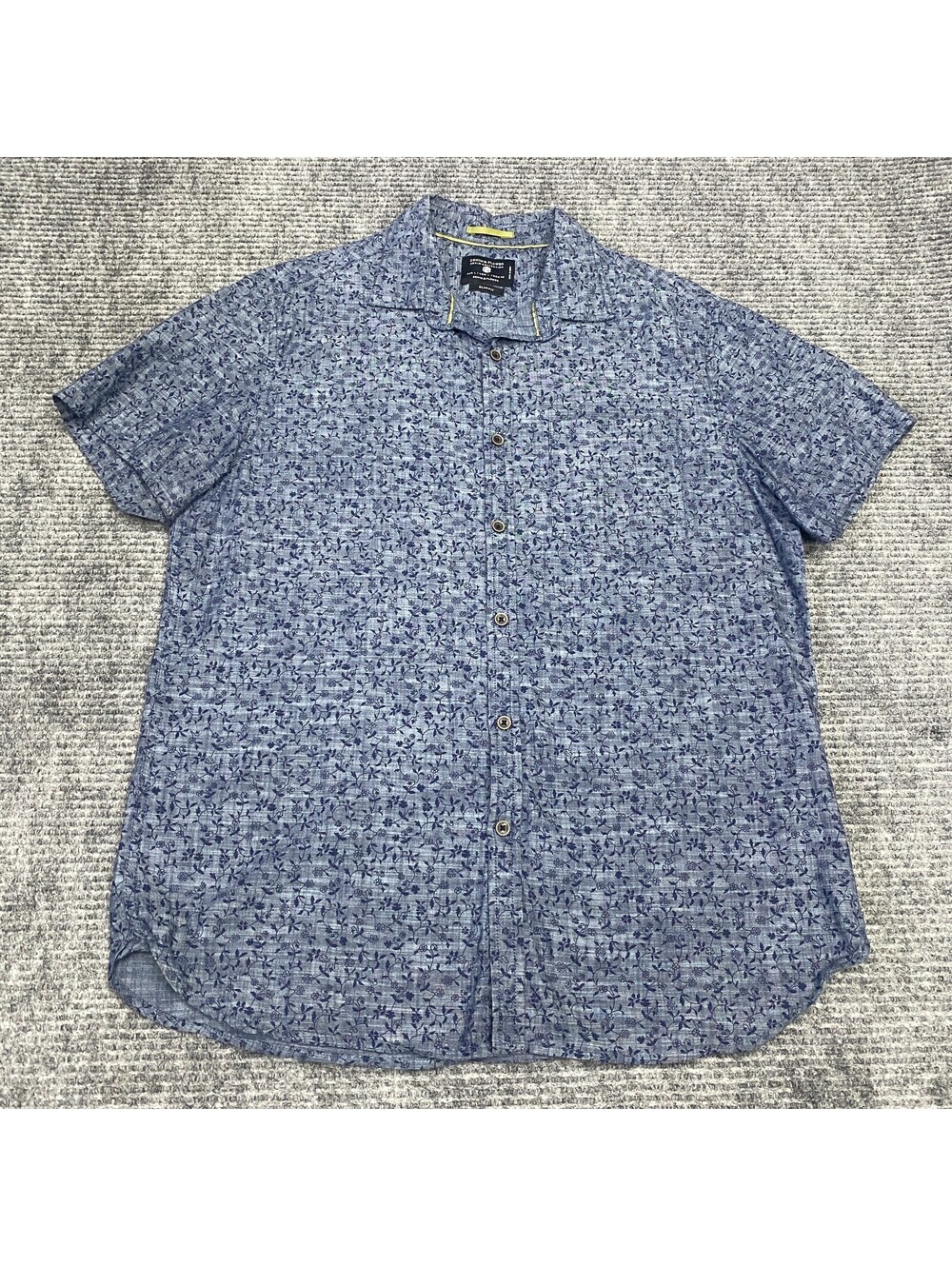 Denim & Flower Floral Button Shirt Mens L Blue Chambray Short Sleeve Ricky Singh